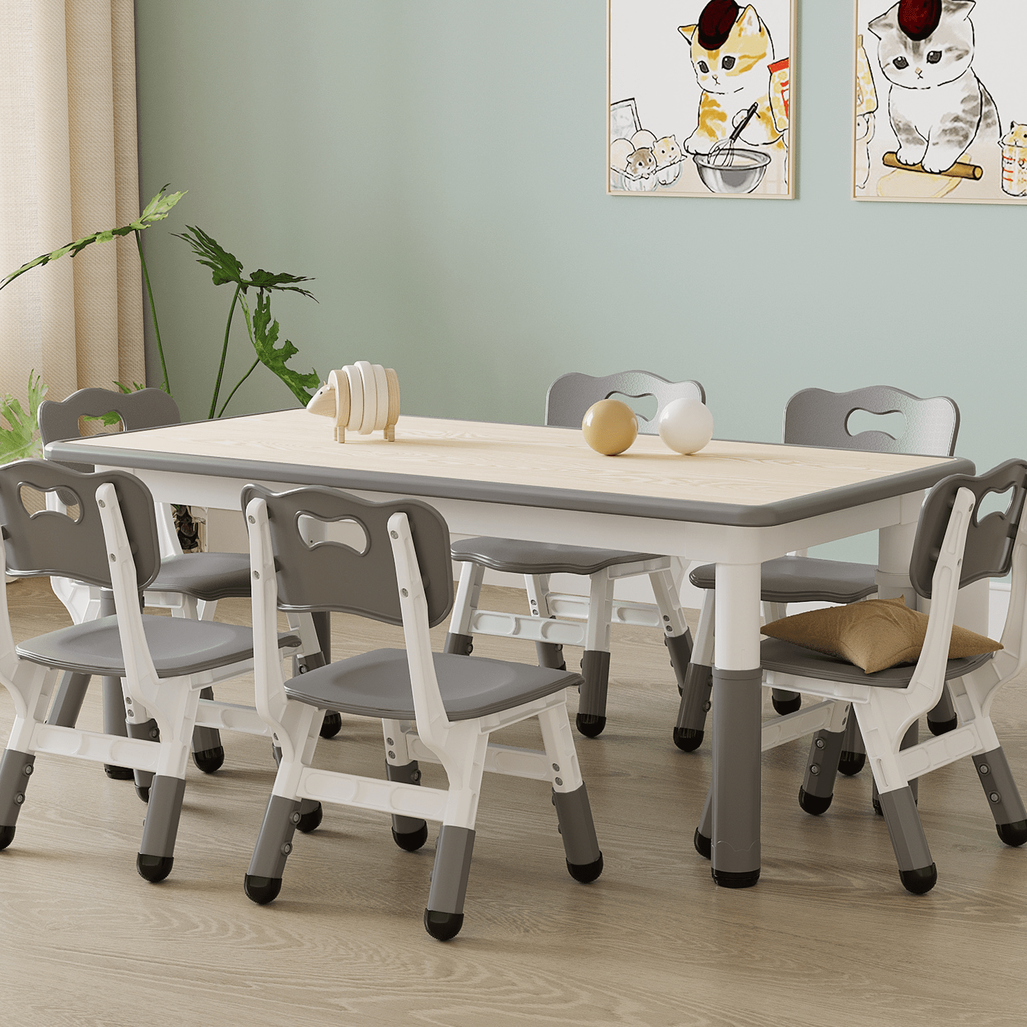 Kids Table and 6 Chair Set with Storage Box, Height Adjustable Toddler Table and Chairs Set for Ages 2-10, Graffiti Desktop, Non-Slip Legs, Children Activity Table for Daycare Classroom Home