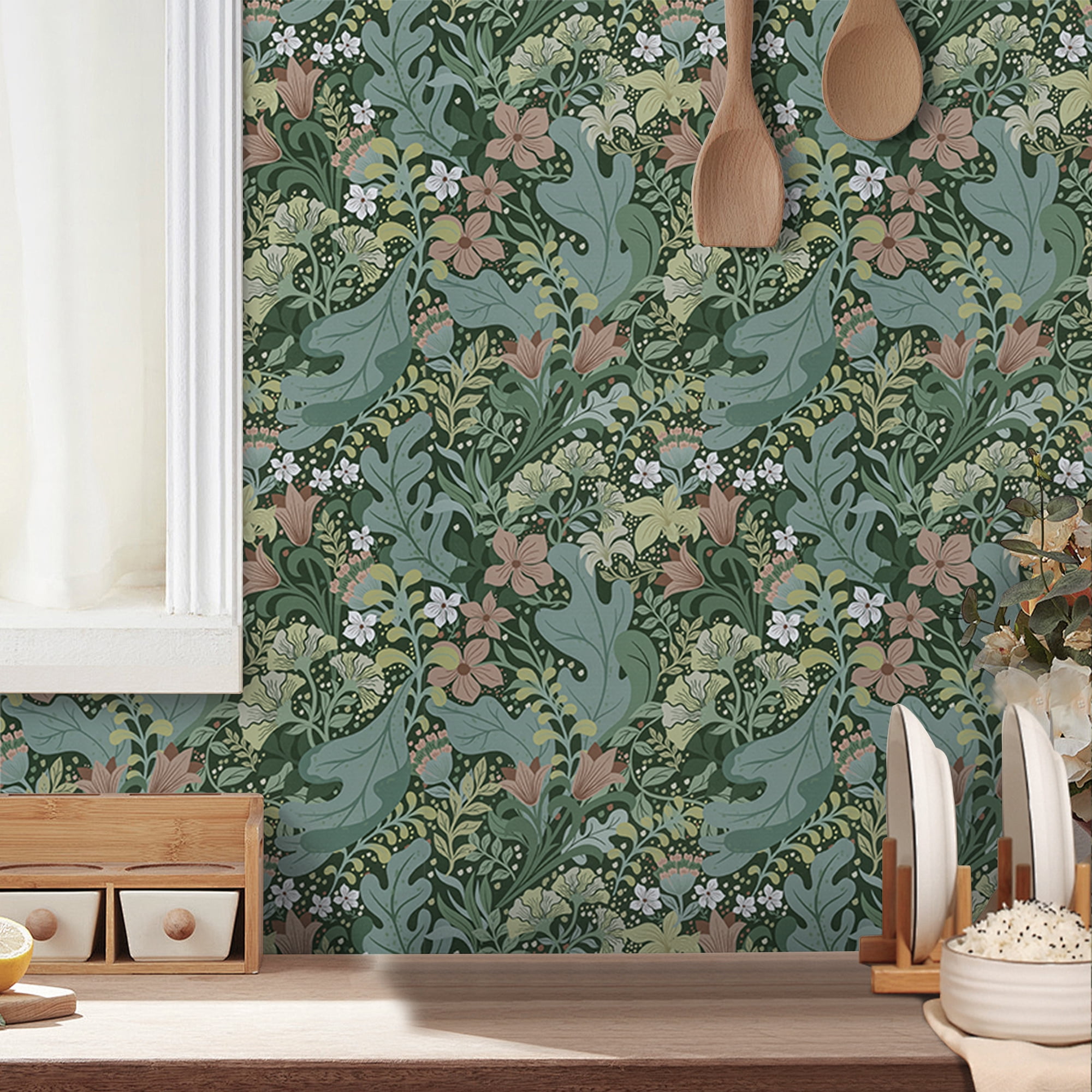 UMIGGEE 17.3-in x 236-in Peel and Stick Wallpaper Green Floral Wallpaper Self Adhesive Removable Wallpaper Waterproof Contact Paper for Living Room Bedroom Decor