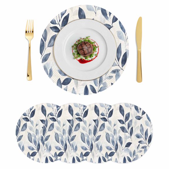 Navy Blue Botanical Round 13 Inch Placemats Set of 4, Pastoral Spring Leaves Watercolor HeatResistant Non Slip Place Mats for Dining Table, Wipeable Braided Kitchen Table Mats for Housewarming