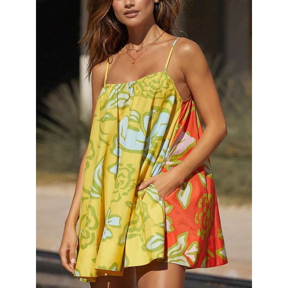 Women Boho Floral Print Spaghetti‑Strap Cami Mini Dress, Flowy Backless Sling Short Sundress, Casual Summer Beach Party Dress