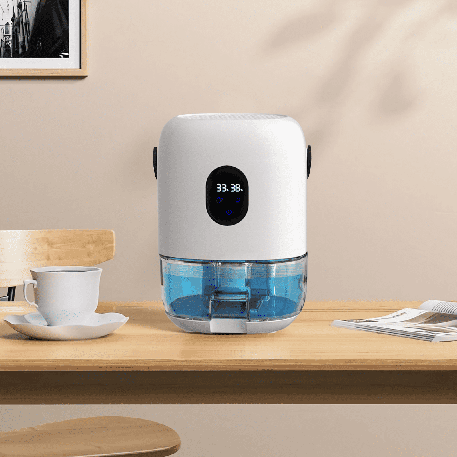Flictozena Desktop dehumidifier with 35oz water tank, portable leather handle, 7-color ambient light, Elegant White