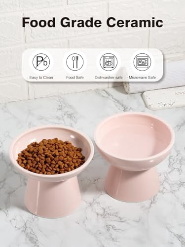 Elevated Cat Food and Water Bowls Set, Extra Wide and Raised Ceramic Feeder, Anti-Vomit Whisker-Free Pressure Feeding Bowl for Kittens Adult Cats Small Dogs(Pink, Food Bowl)