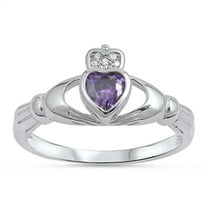 CHOOSE YOUR COLOR Claddagh Heart Simulated Amethyst Promise Ring .925 Sterling Silver Band Purple CZ Female Size 6