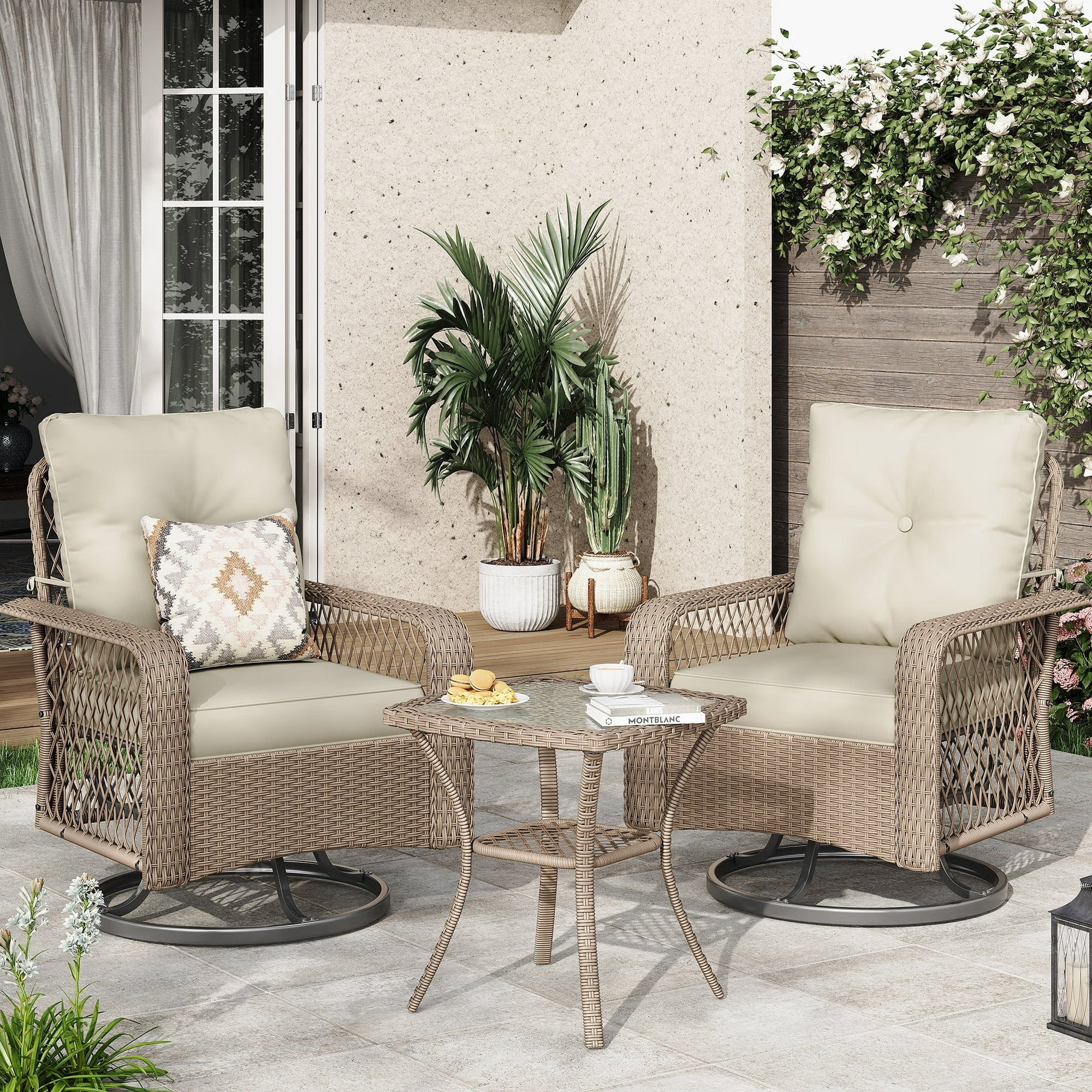 POTEBAN 3 Pieces Patio Furniture Set, Outdoor Swivel Gliders Rocker, Glass Top Side Table (Khaki)
