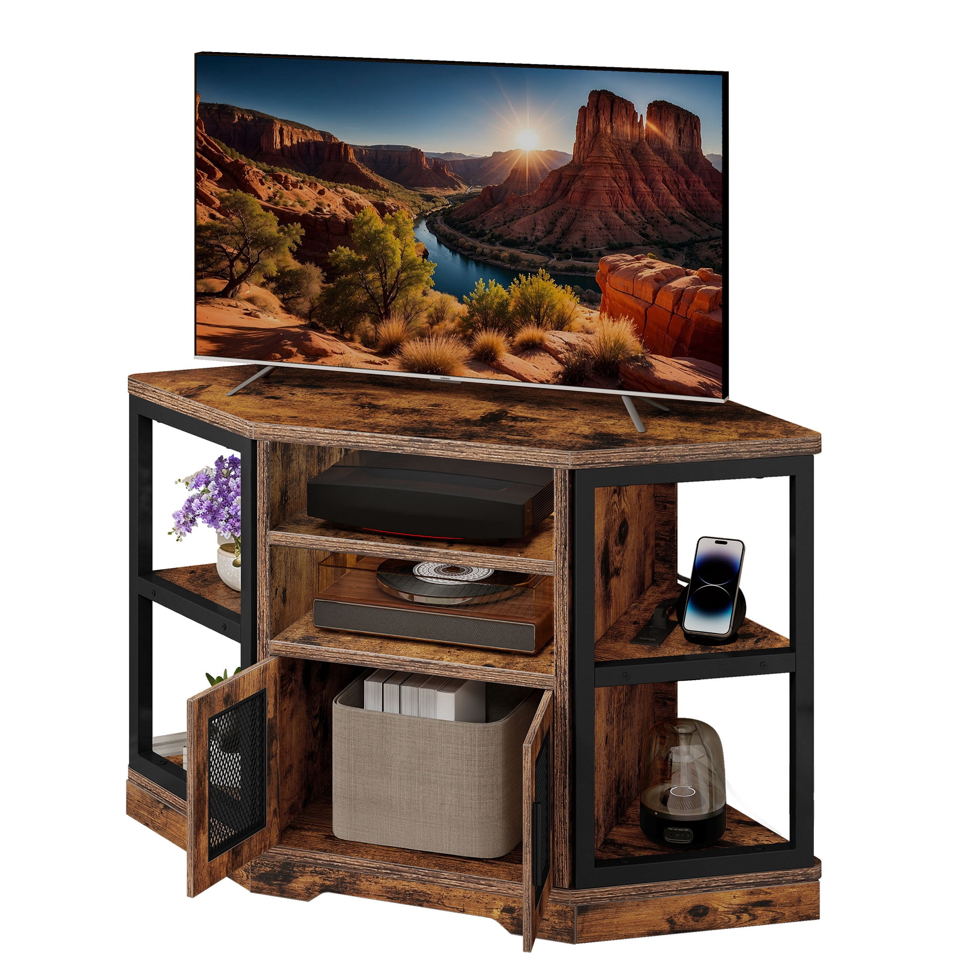 Uforic Modern Corner TV Stand with Adjustable Layer Board, Double Door Mesh Cabinet & 96-Hole Metal Handle, with 2 Outlets 2 USB Ports Power Socket,Brown