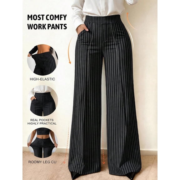 Spring/Summer Elastic Thin Daily Versatile Commute Minimalist Solid Color Wide Leg Pants With Pockets And Seam Detail To Shape Legs Women's Black, Quiet Luxury