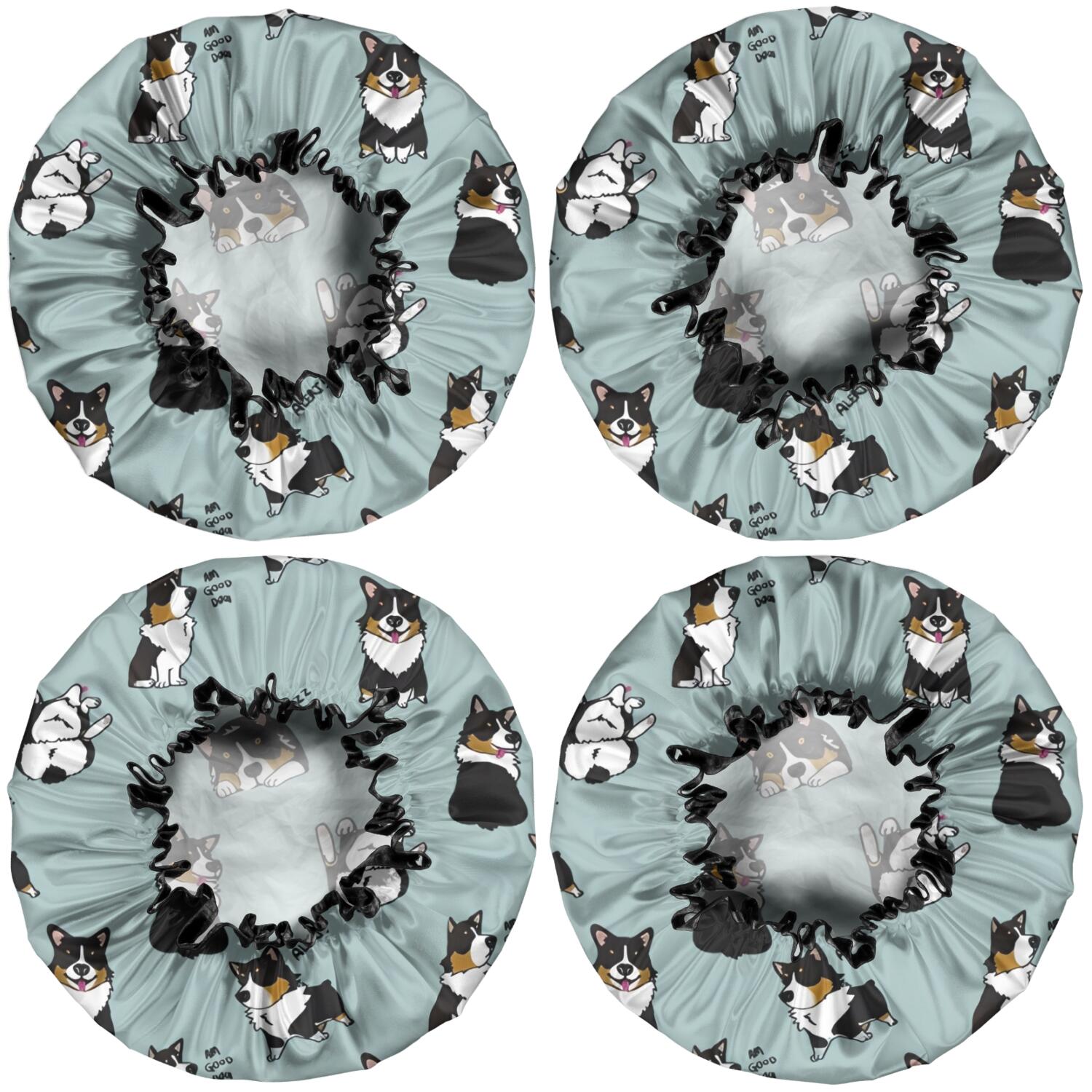 Shower Caps,Black Corgi Waterproof Shower Cap for Women 4 Pieces,Double Reusable Hair Cover for Shower PEVA Elastic Stretch Hem