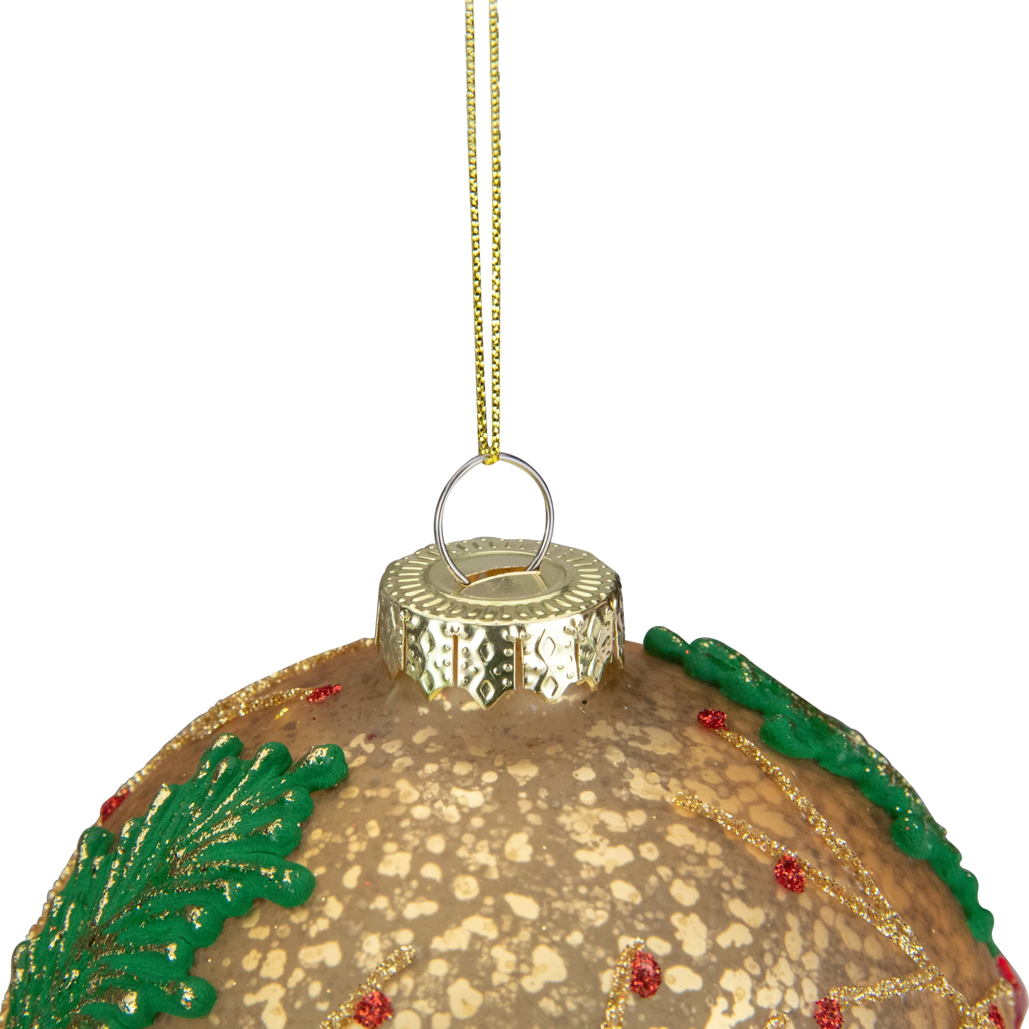 4" Gold Holly Berry Mercury Glass Ball Christmas Ornament