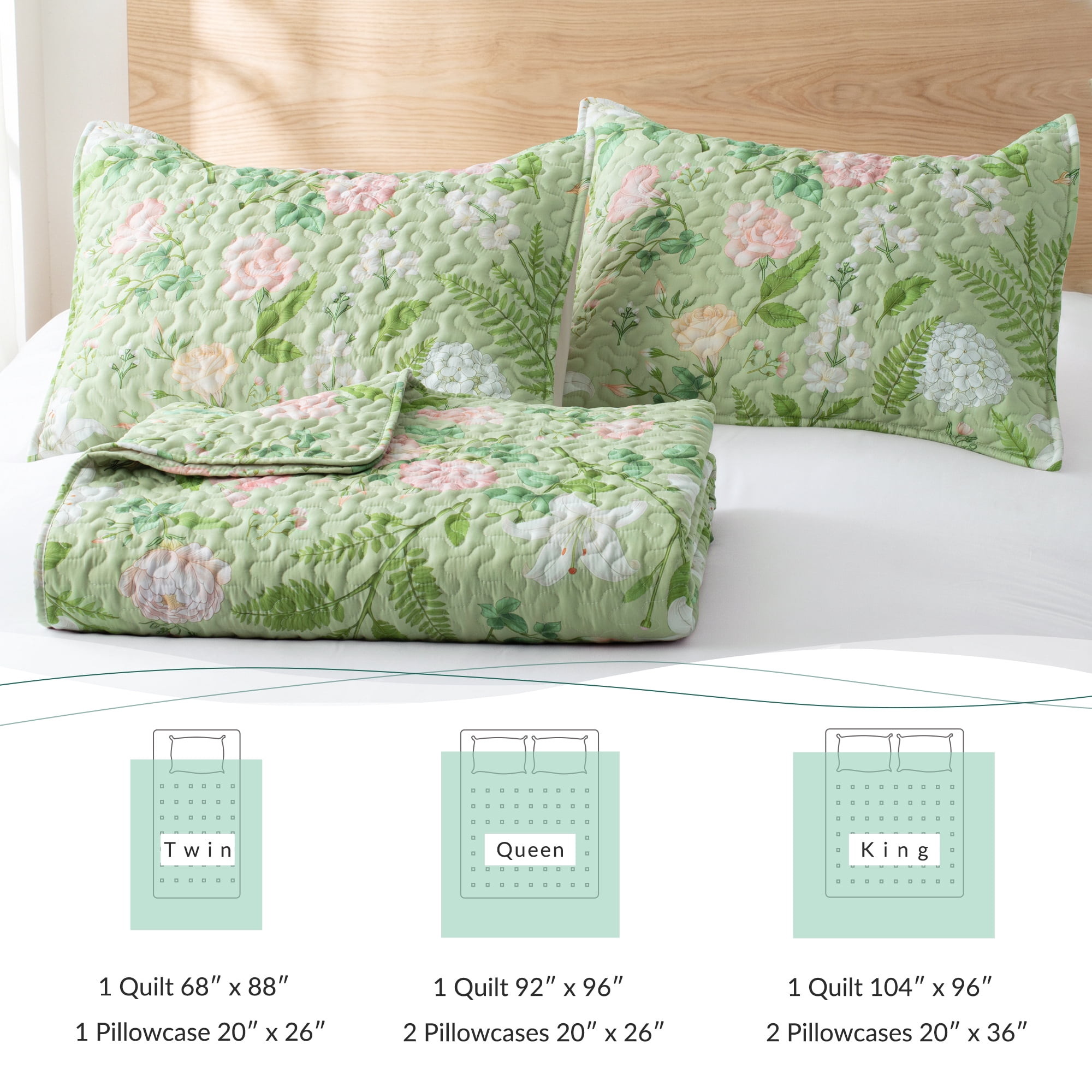 Exclusivo Mezcla Floral Quilts Queen Size, Green Queen Quilt Bedding Set with Blooming Cottagecore Garden Pattern, Reversible Lightweight Bedspreads Coverlets (92"x96")