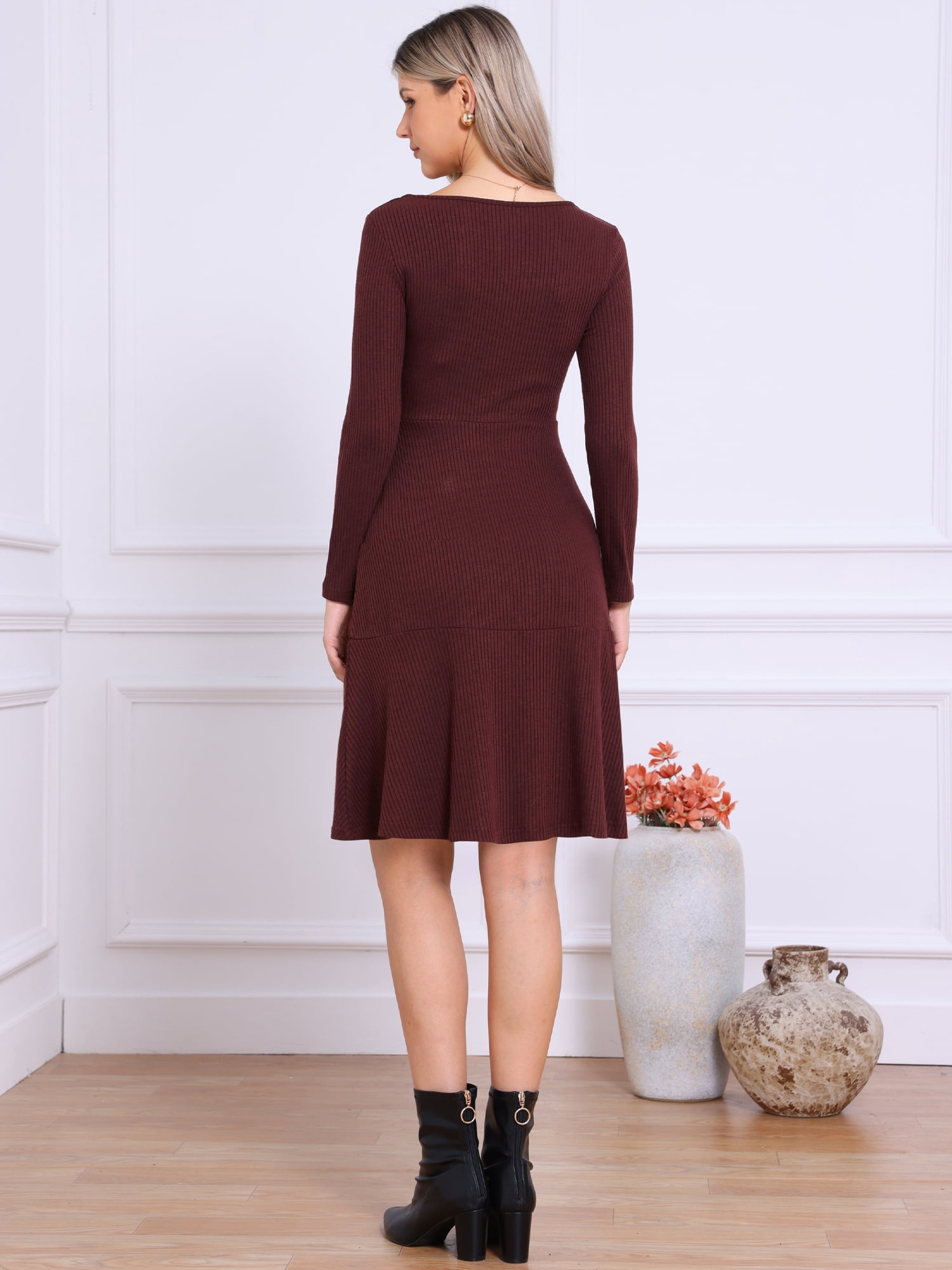 DARING DIVA Women's Knit Sweater Casual Square Neck Long Sleeve Dress XS Deep Red
