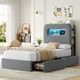 thumbnail image 3 of Homfa Twin Size Linen Upholstered Bed with LED Lights & 2 Drawers， Storage Headboard Platform Bed Frame with USB Ports & Outlets, Grey, 3 of 8