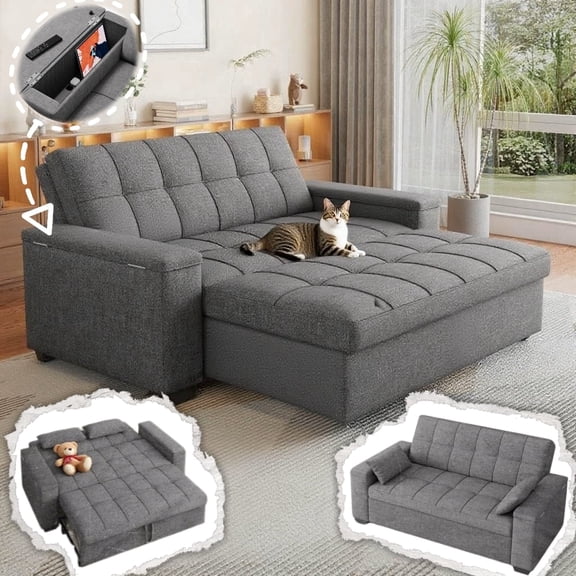 Sofa Bed Couch, Jolifa 3 in 1 Convertible Couch Bed with Storage Armrest and Adjustable Backrest for Living Room, Dark Gray