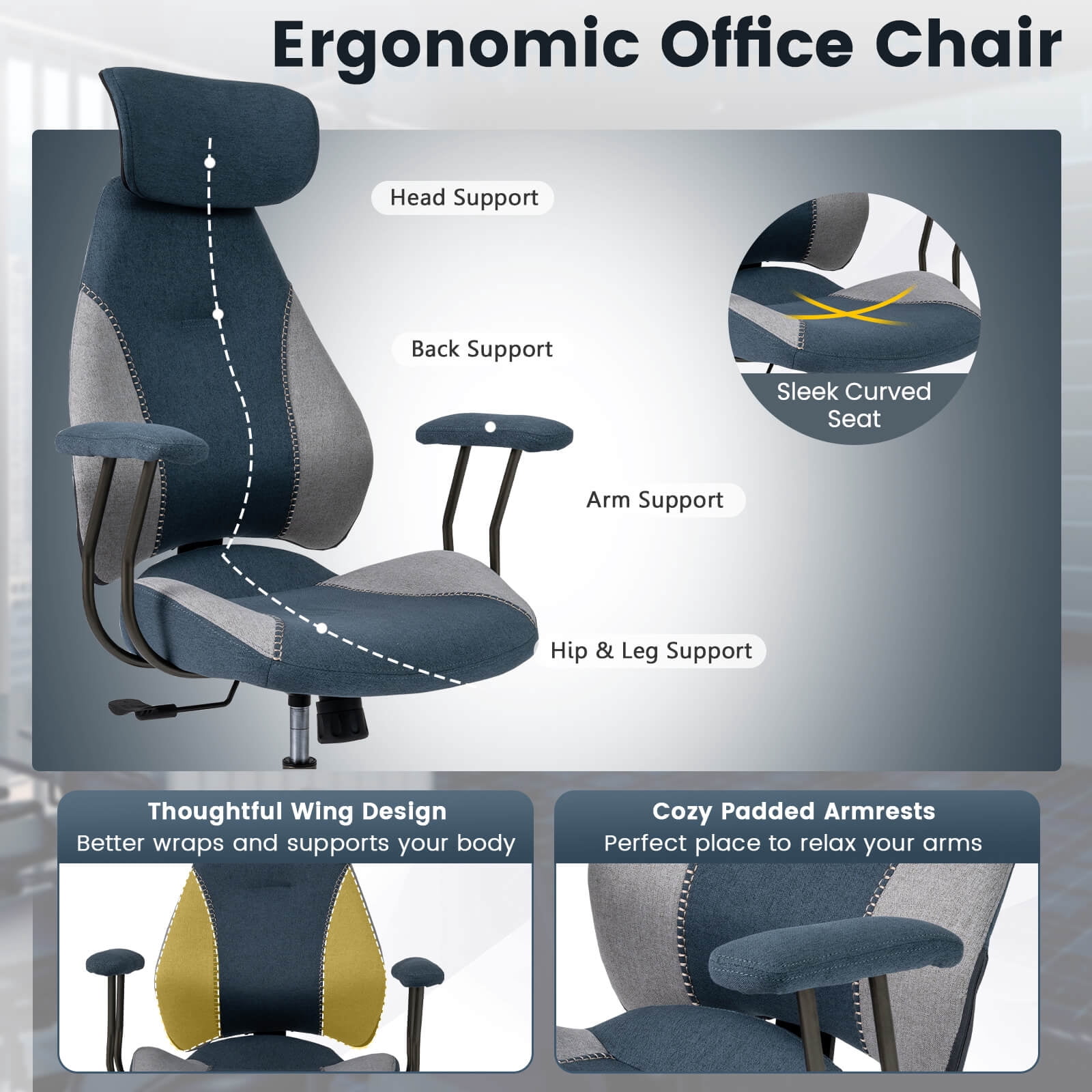 Costway Ergonomic Office Chair with 2D Headrest, Rocking Backrest & Wheels, Gaming Chair Gray & Blue