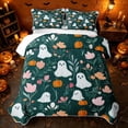thumbnail image 2 of Erosebridal Hippie Floral Quilt Full, Cute Ghost Full Bedspread Sets for Boys Girls, Dark Green Orange, 3-Piece 1 Coverlet and 2 Pillowcases, 2 of 7