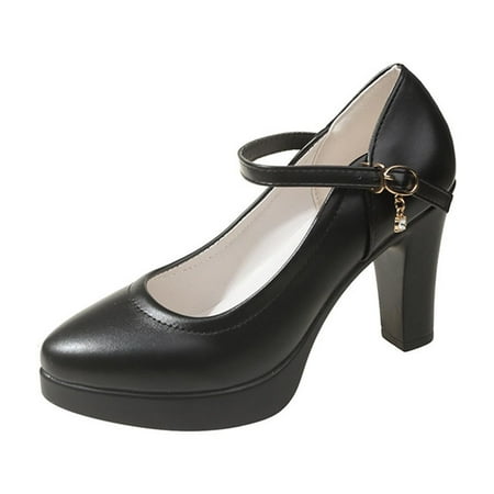 hopeusnice Women s Chunky Mary Janes Round Toe High Heels Block Pumps Party Dress Shoes Comfortable Slip On Shoes Black 36
