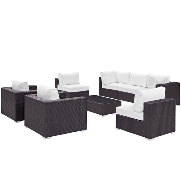 Modern Contemporary Urban Design Outdoor Patio Balcony Eight PCS Sectional Sofa Set, White, Rattan
