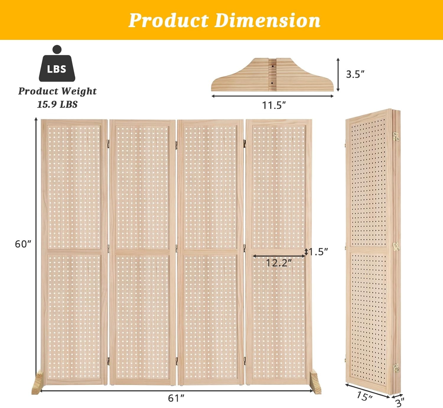 Bonnlo 4 Panel Pegboard Freestanding, 5 FT Portable Display Board Organizer for Craft Show Jewelry, Wooden Folding Privacy Screen Room Divider (with Base, Natural)