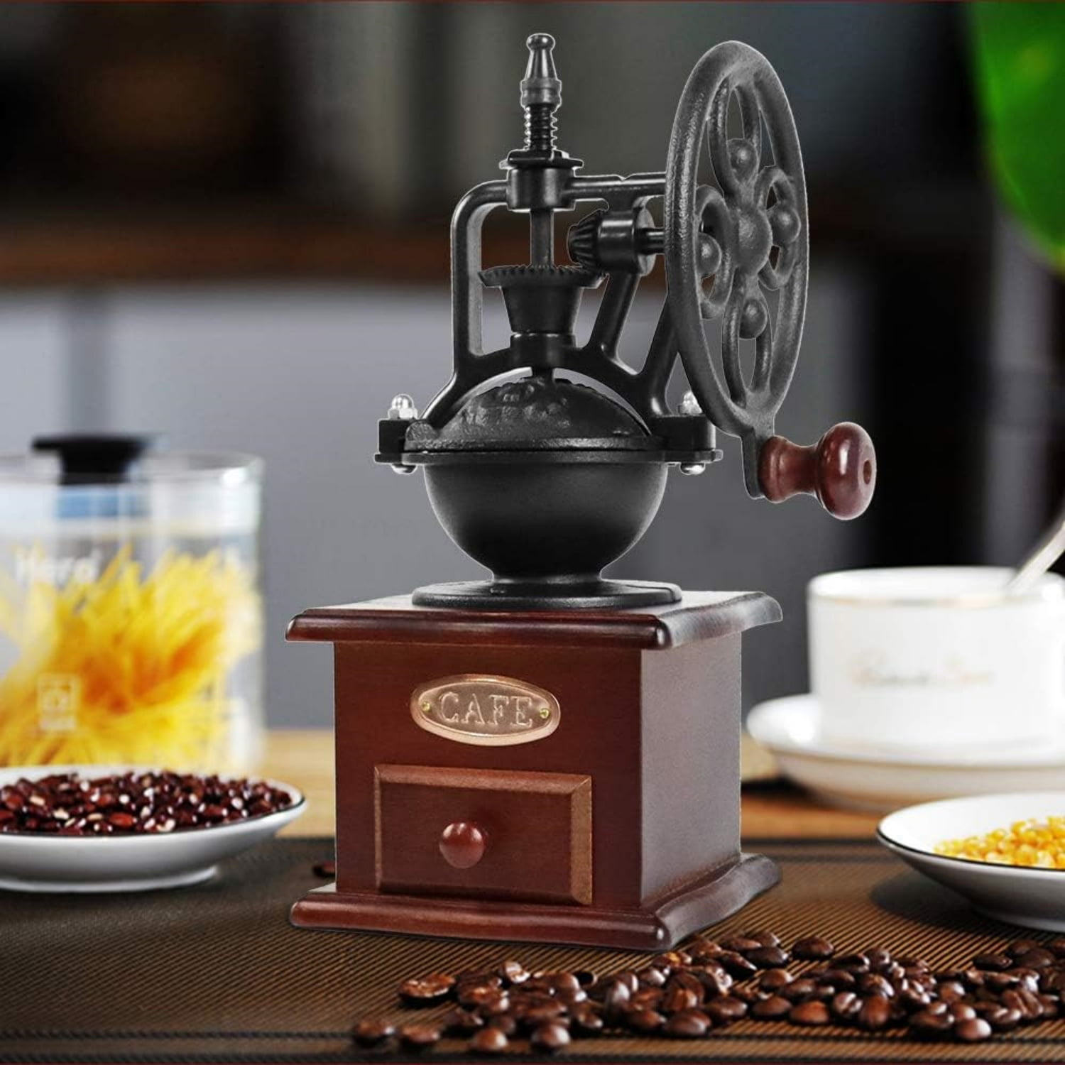Vintage style manual coffee grinder, wooden coffee grinder, drum grain grinder, hand cranked coffee grinder - Classic