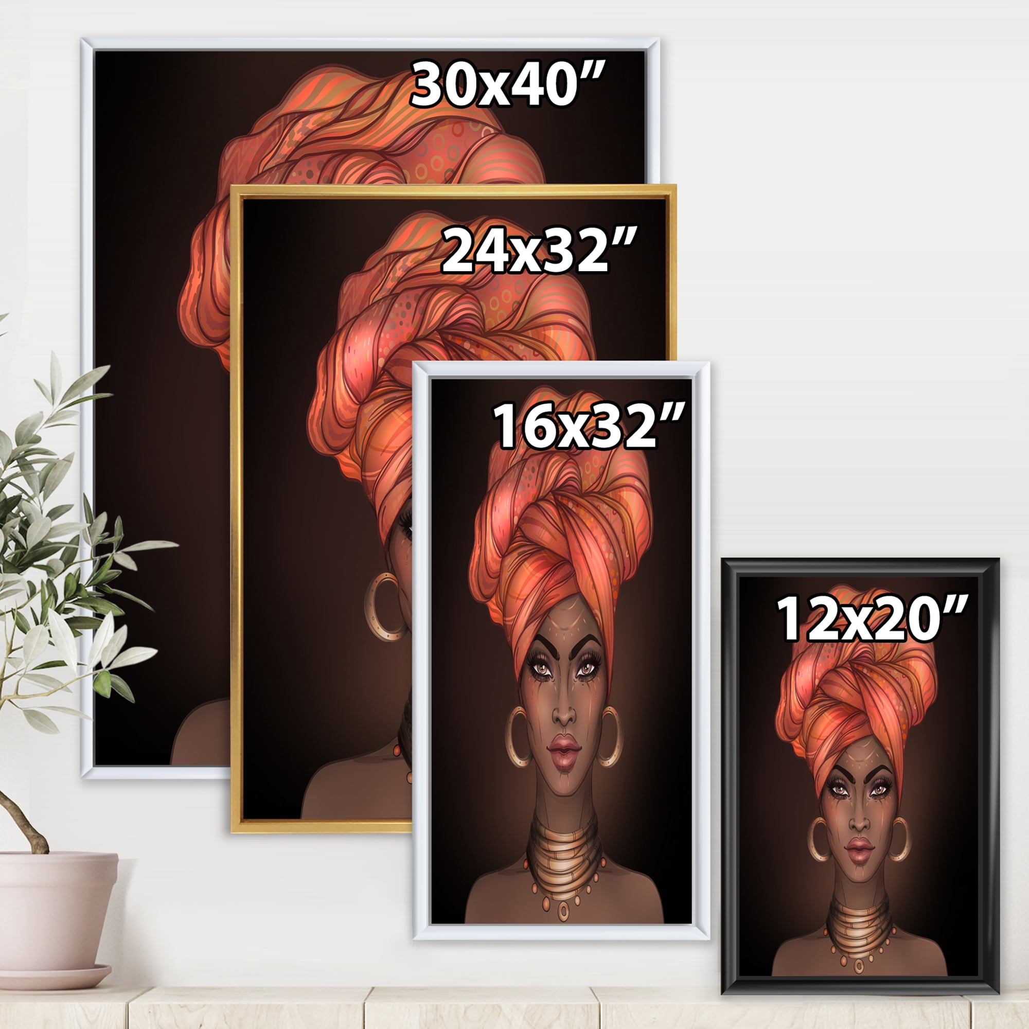 Designart 'African American Woman Portrait with Turban V' Modern Framed Canvas Wall Art Print