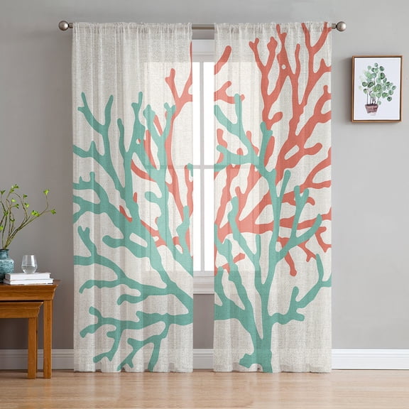 Teal Red Coral Sheer Curtains 72 Inch Length 2 Panels Set for Living Room/Bedroom, Summer Ocean Nautical Coastal Rustic Burlap Curtain Sheers Drapes Rod Pocket Curtains Window Treatment 52''x72''x2