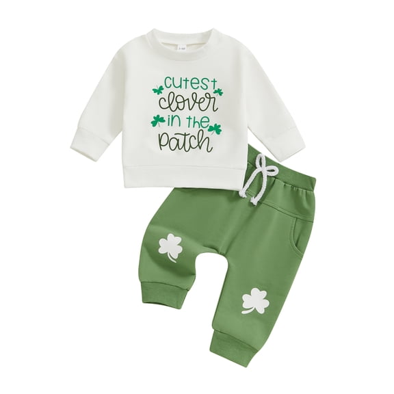 Baby Toddler Irish Day Outfit 0 3 6 12 18 24 Months 2T 3T Letter Clover Print Long Sleeve Sweatshirt and Elastic Pants Set for Newborn Infant Fall Clothes