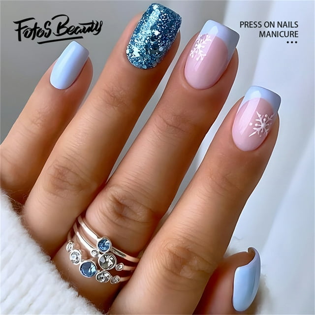 Christmas Decoration Fofosbeauty False Nails, Coffin Press on Nails Tips Design, French Snowflake Blue