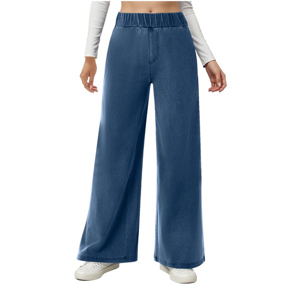 Women's Wide Leg Jeans Stretchy Mid Rise Elastic Waist Jeans Baggy Pull On Denim Pants with Pockets Trendy Casual