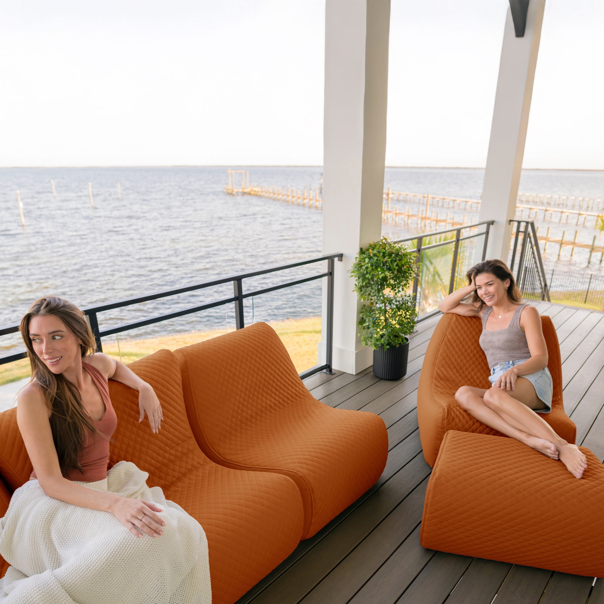 Big Joe Solvana Outdoor Sectional, 5 Piece Patio Furniture Set, Weather-Resistant Cool Touch Silicone Stitched Leather Sofa, Honey Sand