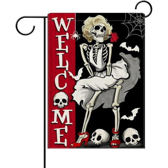Welcome Halloween Gothic Skeleton Decorative Garden Flag, Spooky Skull Bat Spider Web Red Black Yard Outside Home Decorations, Holiday Outdoor Small Decor Double Sided 12 x 18