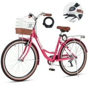 VIRIBUS Women's Bike 26" Beach & City Cruiser Bicycle with 7 Speed Basket Rose Red
