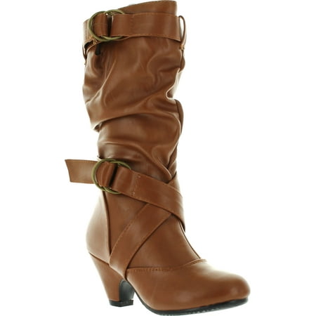 

New Kids Girls Dual Buckle/Zipper Quilted Mid Calf Motorcycle Riding Boots (Camel-pauline-9 Toddler)