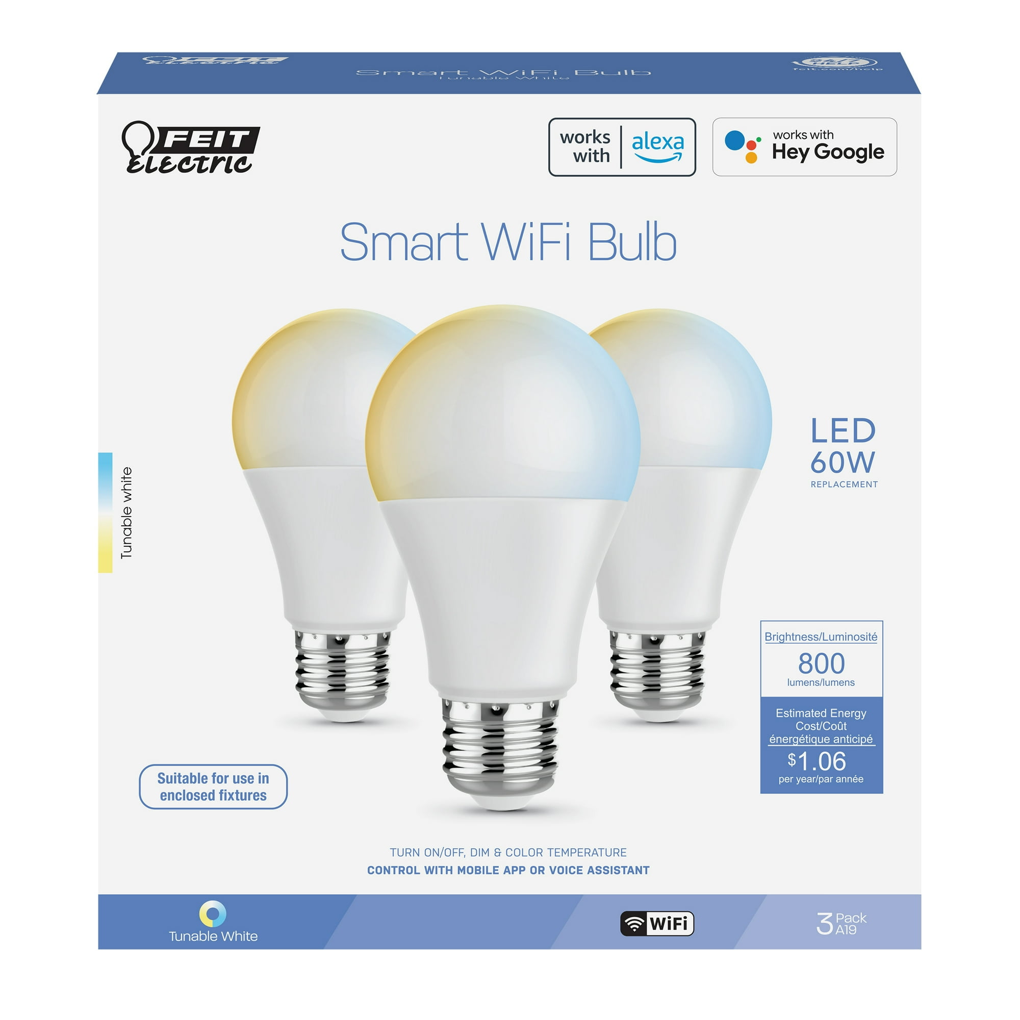Feit Electric 8.8W (60W Replacement) Tunable White E26 Base A19 Smart WiFi LED Light Bulb (3-Pack)