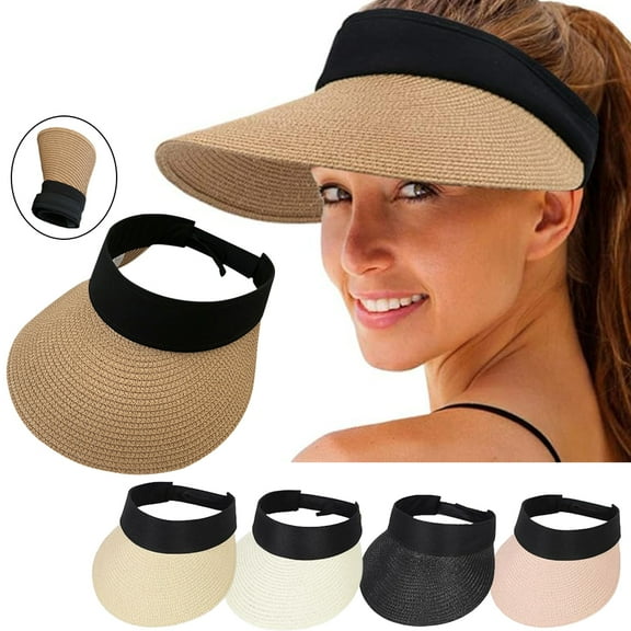Women Straw Sun Visor Hat Wide Brim Summer UV Protection Beach Cap Foldable Packale Korean Style