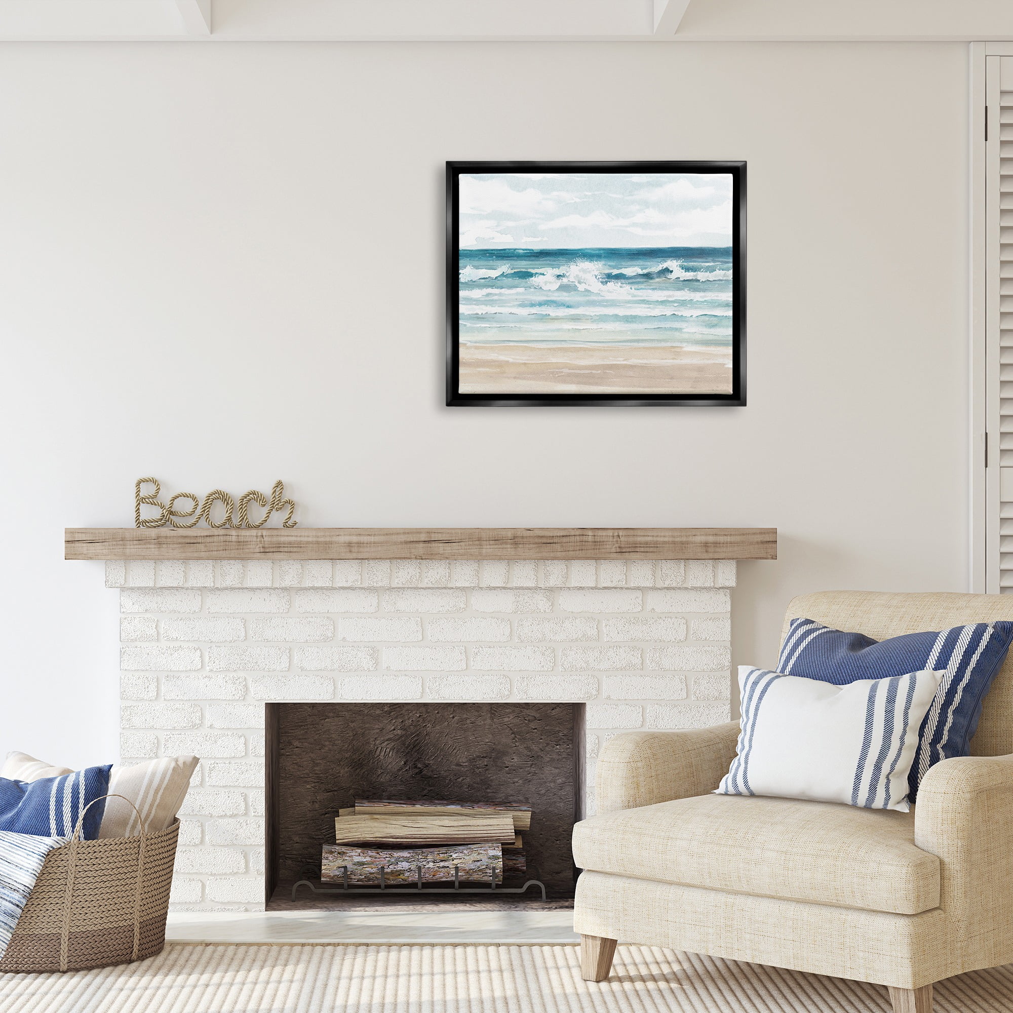 Stupell Industries On The Shore Beach Waves Landscape Painting Black Floater Framed Canvas Art Print Wall Art, 31 x 25