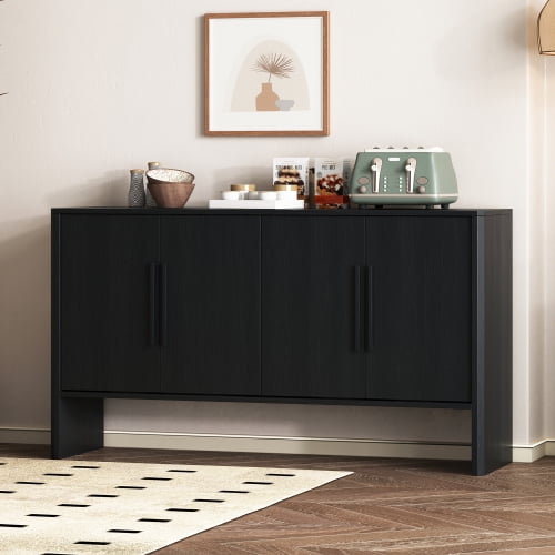 Sideboard Buffet Cabinet with Storage, Retro Sideboard Cabinet with Adjustable Shelves and Long Handles, 4-Door Wood Sideboard for Kitchen, Dining Room and Living Room (Black)