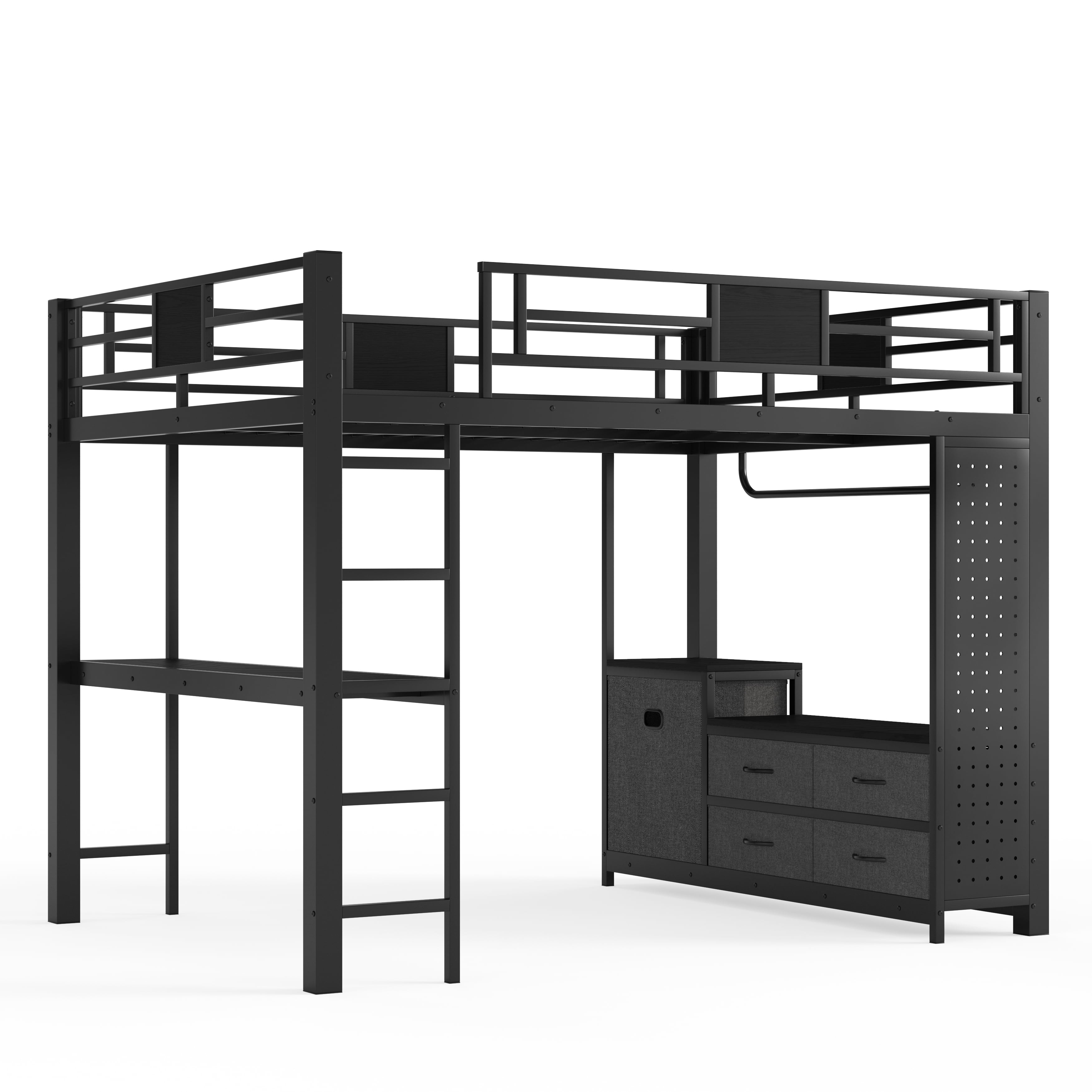 Queen Size Loft Bed with Desk & Storage Shelves, Metal Loft Bed Frame with Clothesline Pole & Pegboard, Space-Saving Adult Loft for Dorms, Apartment, Black