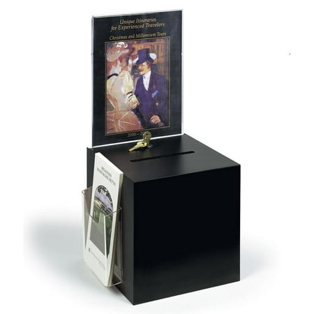 Acrylic Ballot Box, Donation Box with Key Lock, 8.5 by 11 inch Sign Holder and 4 inch wide Brochure Pocket - Black