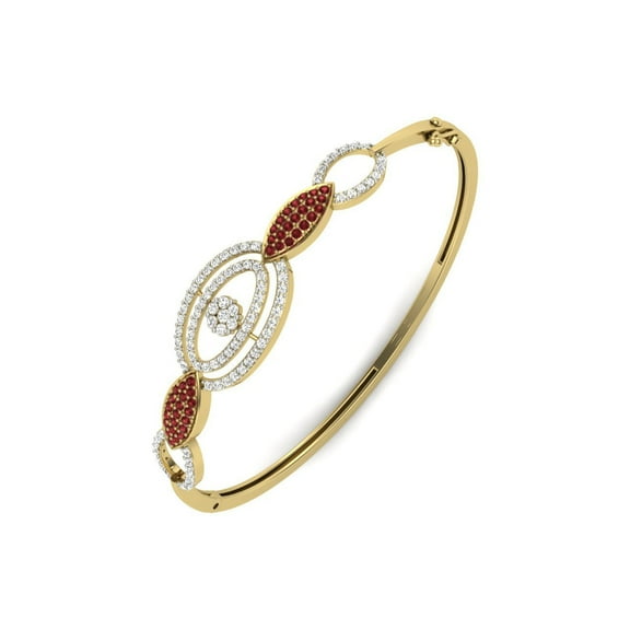 Handmade Ruby and White Diamond Bangle Bracelet in 10kt Yellow Gold, Length 6-9 Inches