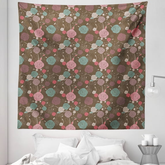 Flower Tapestry, Romantic Vintage Floral Pattern with Abstract Design Roses and Dragonfly, Fabric Wall Hanging Decor for Bedroom Living Room Dorm, 5 Sizes, Umber and Multicolor, by Ambesonne