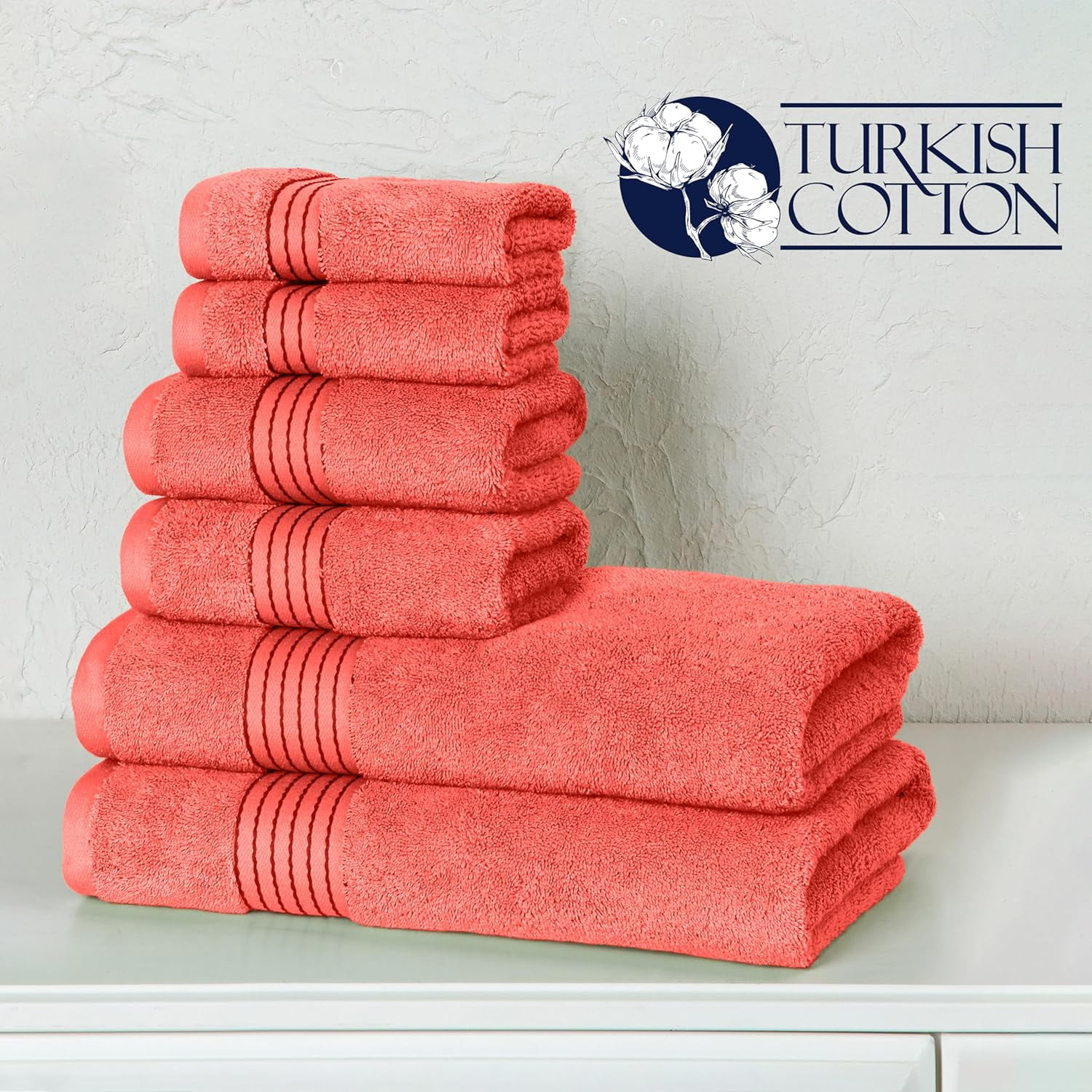 Bath Towels Set 6-Piece Original Turkish Cotton Soft, Absorbent and Premium Towel for Bathroom, Coral