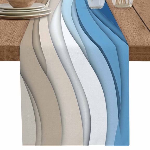 nqOlkjepod Blue Brown Table Runner 70 Inches Long Farmhouse Dress Scarves, Gradient Geometric White Water Stripes Modern Dining Tablerunner for Coffee Table/Kitchen Island/Party Décor, 13" x 70"