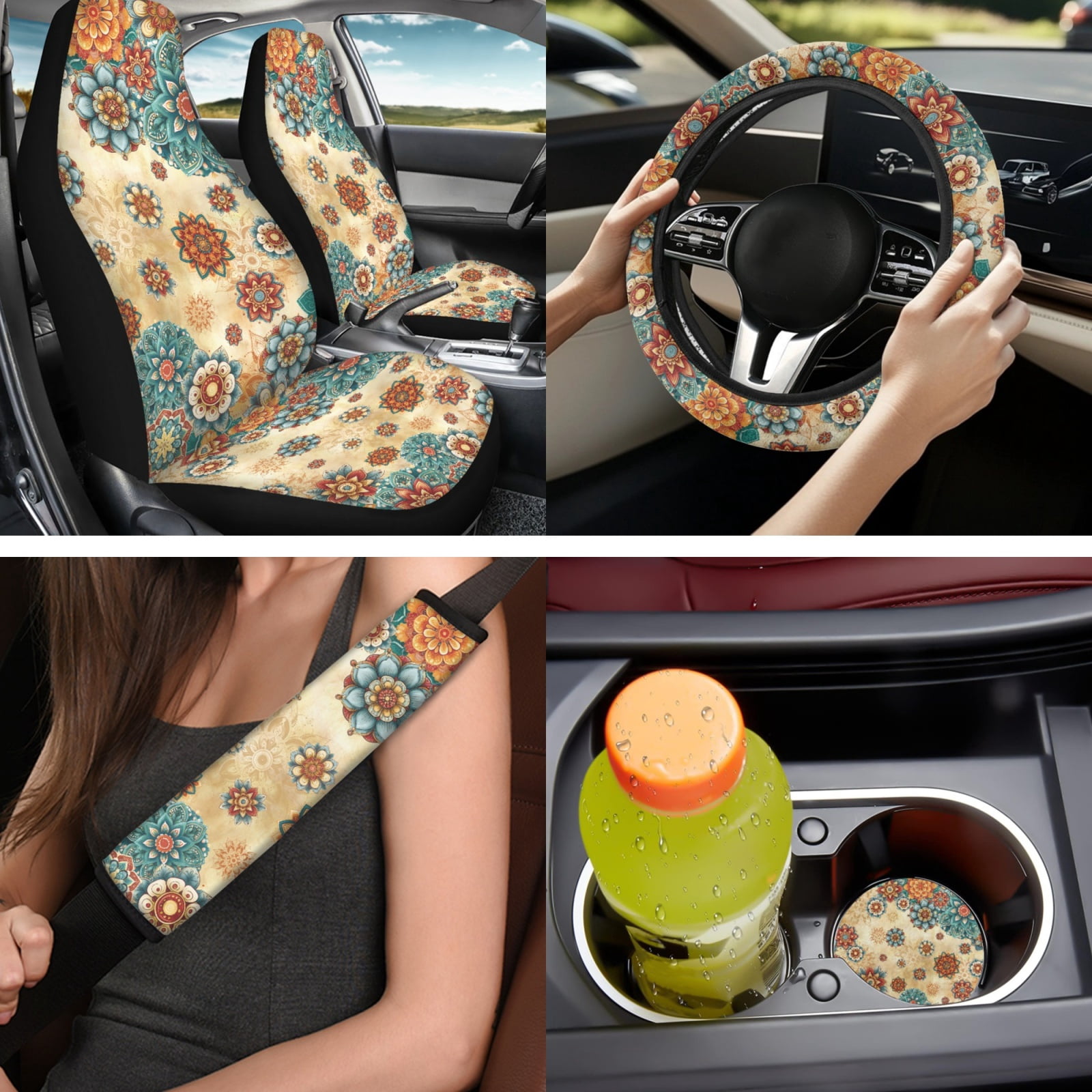 Binienty Boho Dahlia Floral Vehicle Seat Covers Full Set with 15 Inch Steering Wheel Cover Center Console Cushion Seat Belt Covers Coasters Automotive Interior Decor Set 14 PCS​