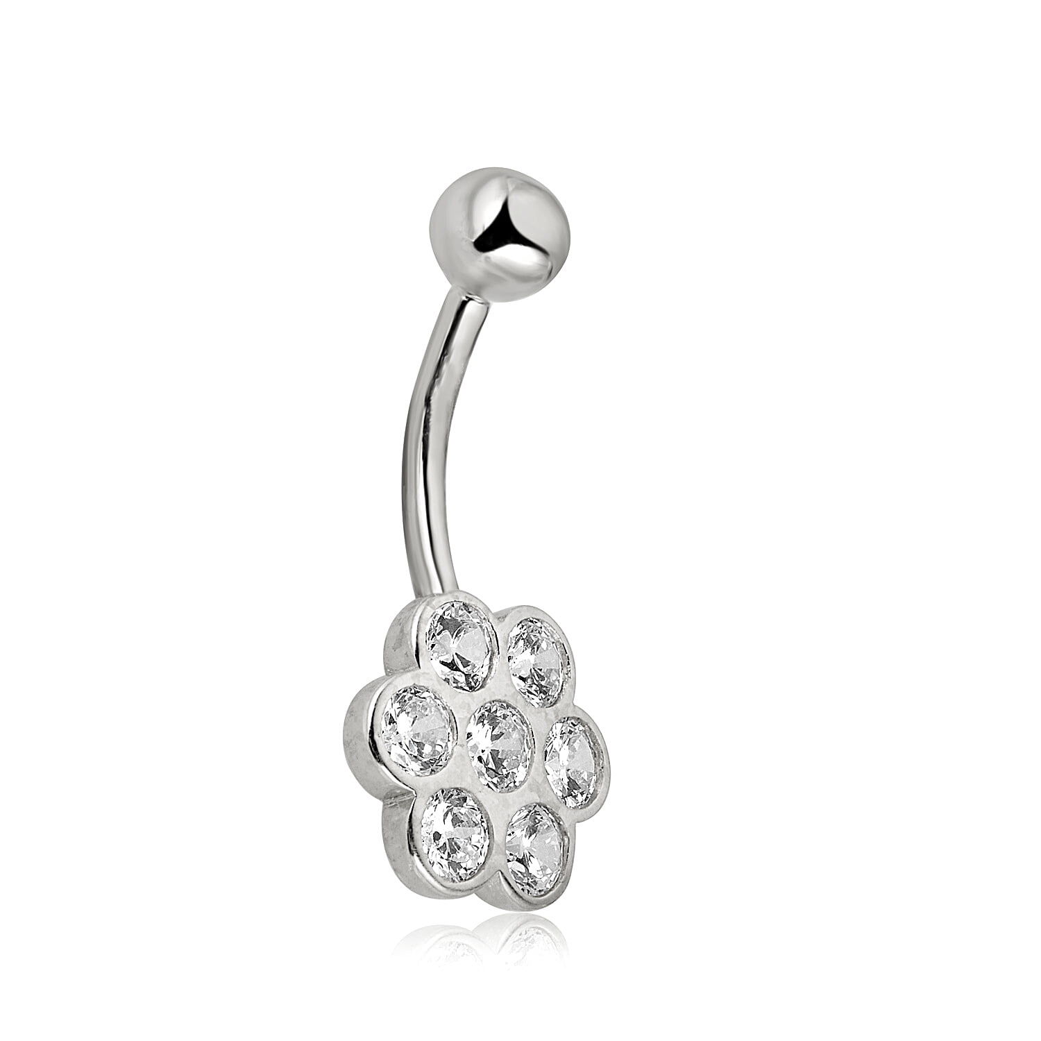 AVORA 10K White Gold Bezel-set Simulated Diamond CZ Flower Belly Button Ring Body Jewelry (14 Gauge)