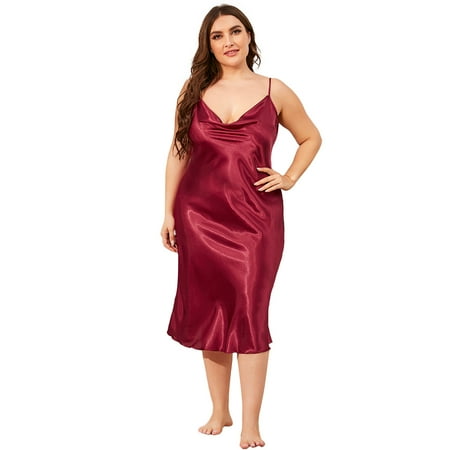 

Ladies Summer Imitation Silk Suspender Slim Nightdress Solid Color V-Neck Soft Skin Friendly Homewear Dress Red XXXL