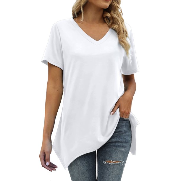 Gibobby Blusa Casual de Mujer Camiseta suelta informal con cuello en V para mujer, blusa manga corta con estampado(Blanco,G)