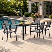 7 Piece Outdoor Dining Set, Patio Dining Table Set for 6 Persons, Garden Patio Textilene Dining Furniture Set with Plastic-Wood Tabletop, Dining Table Chairs Conversation Set for Deck Patio