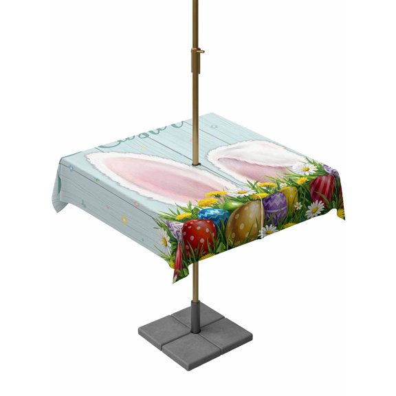 Outdoor Tablecloth with Umbrella Hole and Zipper, Easter Square Table Cloth 54x54 Inch Waterproof Tablecloth, Wooden Bunny Colorful Eggs Spring Floral Farmhouse Picnic Table Cover for Patio Camping