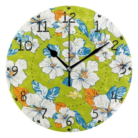 Retro White Hibiscus Flowers Tropical Round Wall Clock Silent Analog Battery Operated Black Pointer Home Decor 9.84 Diameter