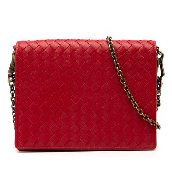 Pre-Owned Bottega Veneta Intrecciato Chain Shoulder Bag/Wallet Bag in Red Leather for Women
