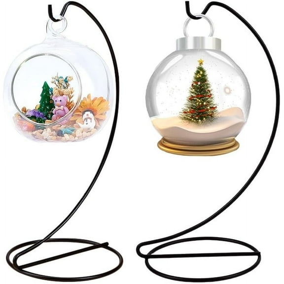 2pcs Ornament Display Stand Holder Glass Globe Black Iron Wire Stand Hanging Hook Holder Rack for Christmas Bauble Lanterns Hanging Air Plant Terrarium Ball Decor DIY Craft DisplayBlack